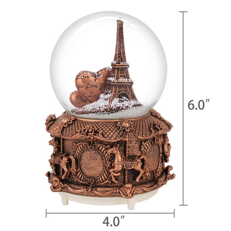 QTKJ Paris Snow Musical Globe with Color Changing LED Lights, Eiffel Tower Snow Globe with Merry-go-Round Base, 100mm 6" Tall Souvenirs Collection - Image 4